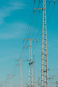 Low angle view of electricity pylon against sky