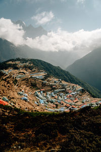 High angle view of buildings against sky