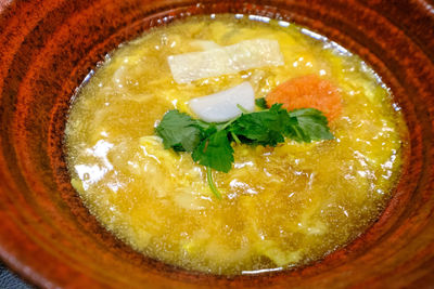 High angle view of soup in bowl