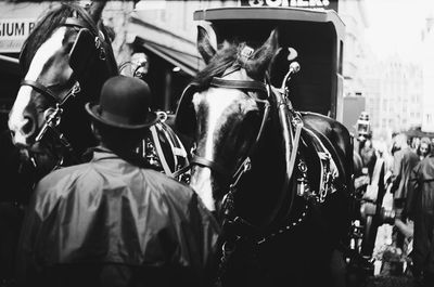 Rear view of man standing by horse cart