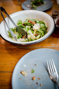 High angle view of food in plate on table