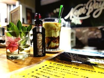 Close-up of drink served on table