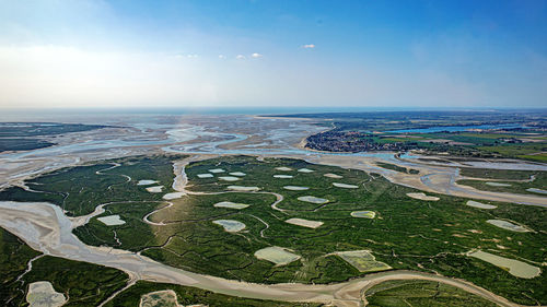 High angle view of cityscape against sky