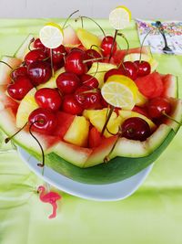 High angle view of fruits in bowl on table