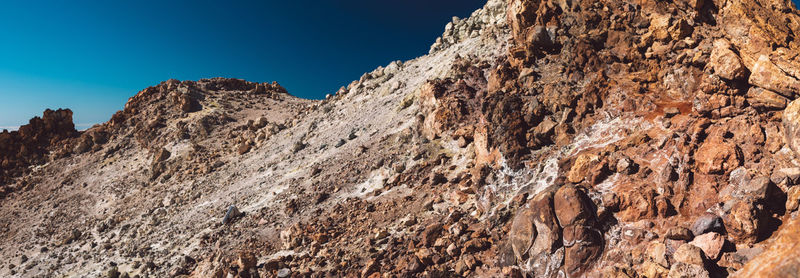 Low angle view of rocky mountains against clear sky