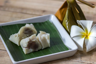 Close-up of food served on table