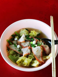 High angle view of salad in bowl on table