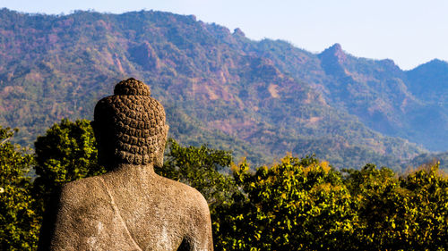 Rear view of statue against mountain range