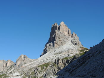 Low angle view of rock formation against clear blue sky