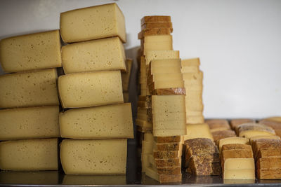 Cheese pieces in factory, ready to get packed