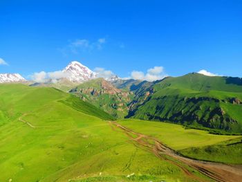 Scenic view of green landscape against blue sky