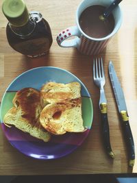 Directly above shot of toasted breads and coffee on table