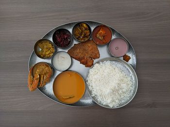 High angle view of breakfast served on table