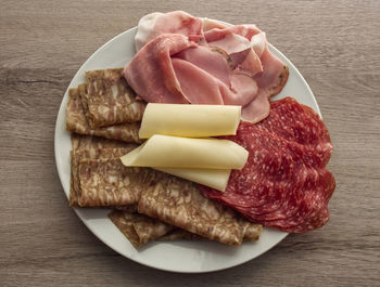 High angle view of food in plate on table