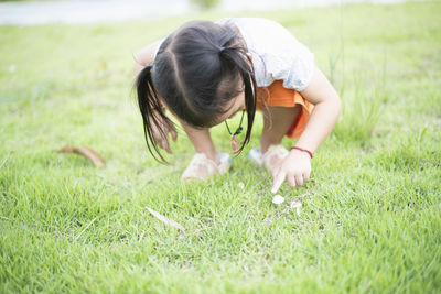 Rear view of woman sitting on grass