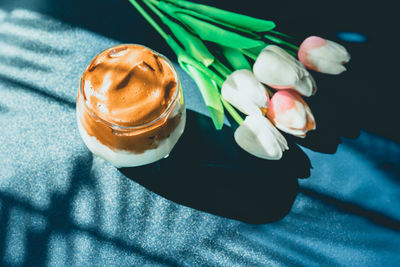 High angle view of dessert on table