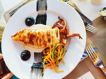 High angle view of food in plate on table