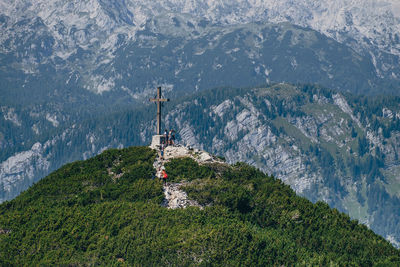 High angle view of cross on mountain