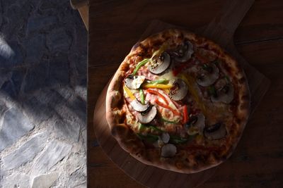 High angle view of pizza on table