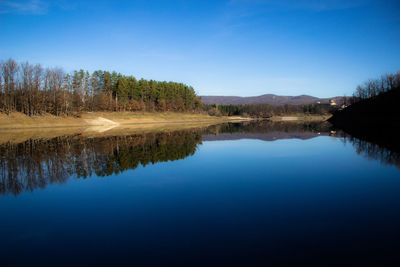 Scenic view of lake against blue sky