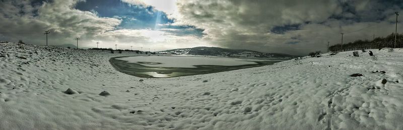 Panoramic view of snowcapped mountains against sky