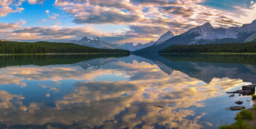 Scenic view of lake and mountains against sky at sunset