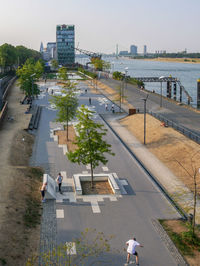 High angle view of people on road in city