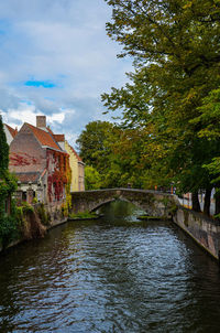 Bridge over river against buildings