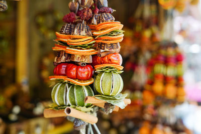 Collection of dried fruit, vegetables and spices on the market