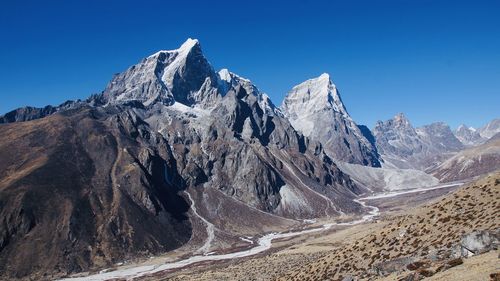 Panoramic view of snowcapped mountains against clear blue sky