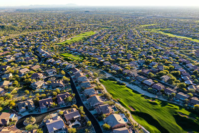 High angle view of buildings in town