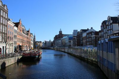 River in city against clear sky