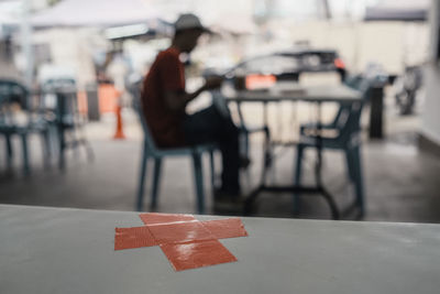 Social distancing marking on restaurants dining table