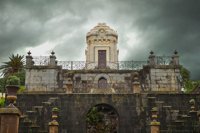 Low angle view of historic building against cloudy sky