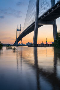 View of suspension bridge at sunset