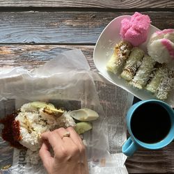 High angle view of breakfast on table