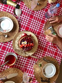 High angle view of food served on table