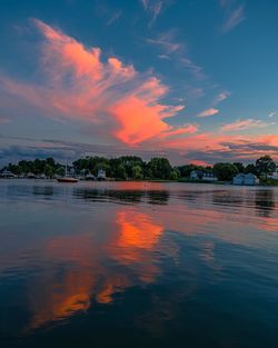 Scenic view of lake against sky at sunset