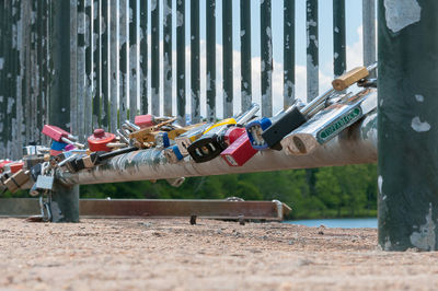 Close-up of love locks on fence