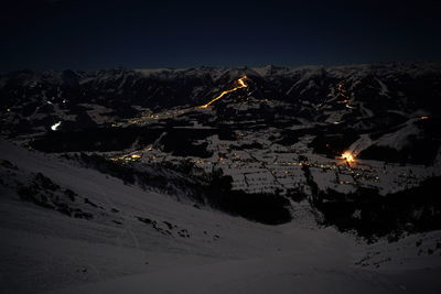 High angle view of illuminated landscape at night