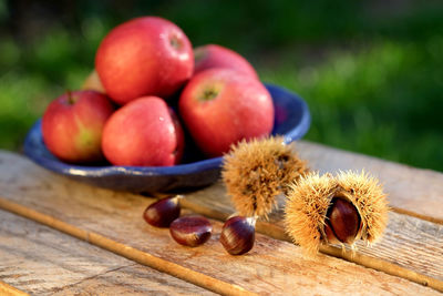 Close-up of apples and chestnuts on a table. 