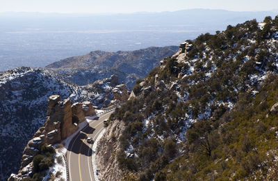 Aerial of a car driving on catalina highway in arizona, usa