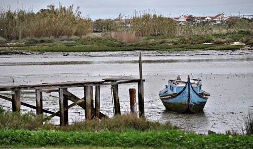 Boats moored in water against sky