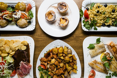 High angle view of food served on table