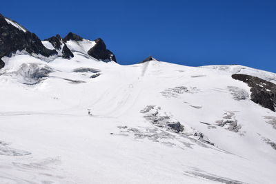 Scenic view of snowcapped mountains against clear blue sky