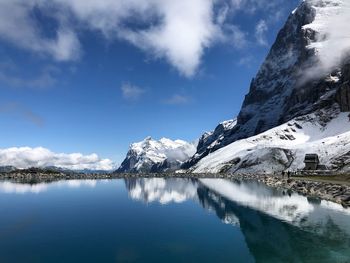 Scenic view of lake and snowcapped mountains against sky