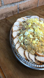 High angle view of cake in plate on table