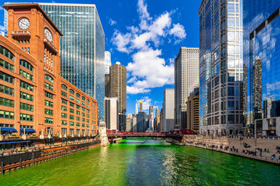 Chicago building and cityscape on saint patrick's day around chicago river