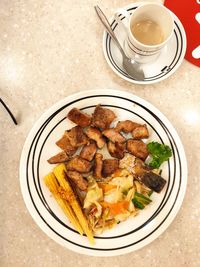 High angle view of meal served on table