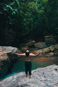 Rear view of shirtless man standing on rock in forest